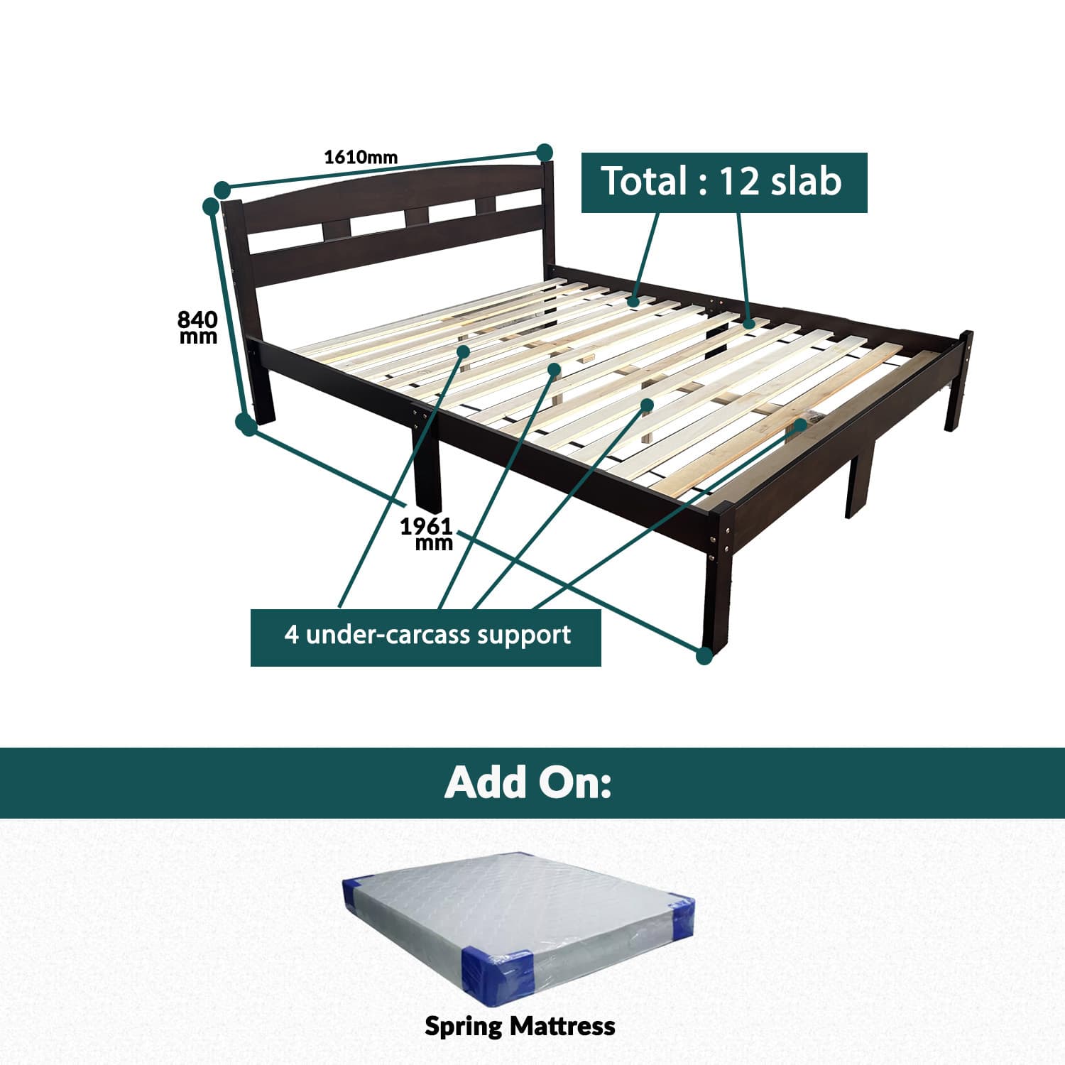 Wooden bedframe + Queen size Bed Set with 5 X 8" Spring Mattress