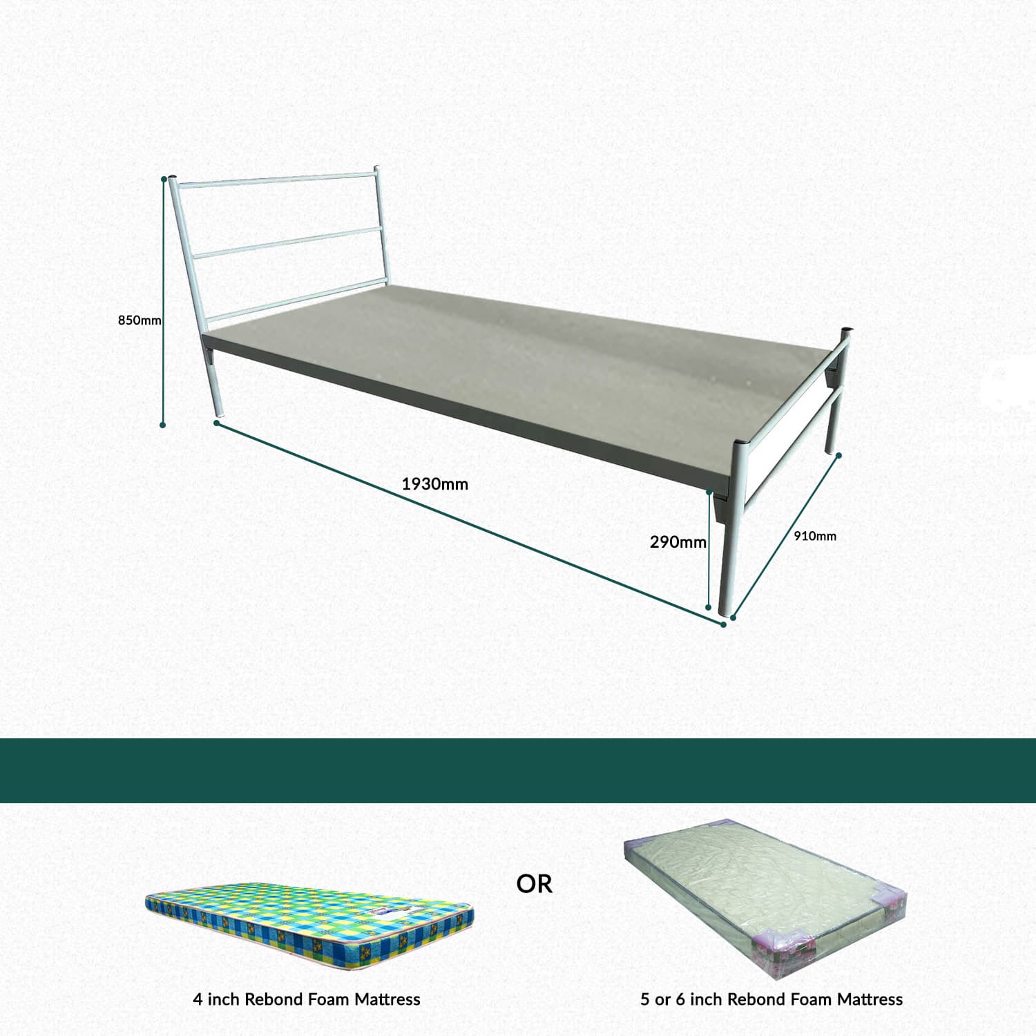 Single metal bedframe set with PP Sheet and Rebond mattress